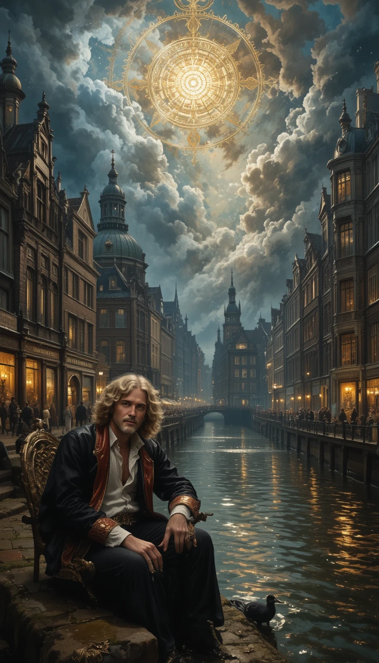 Dramatic Amsterdam canal cityscape with baroque chiaroscuro light