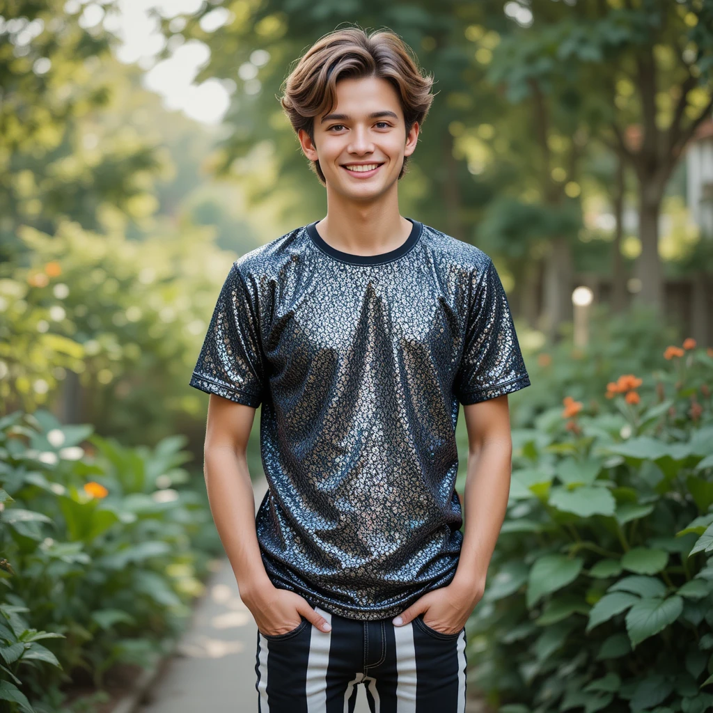 Jovem sorridente com camisa brilhante em pé no jardim