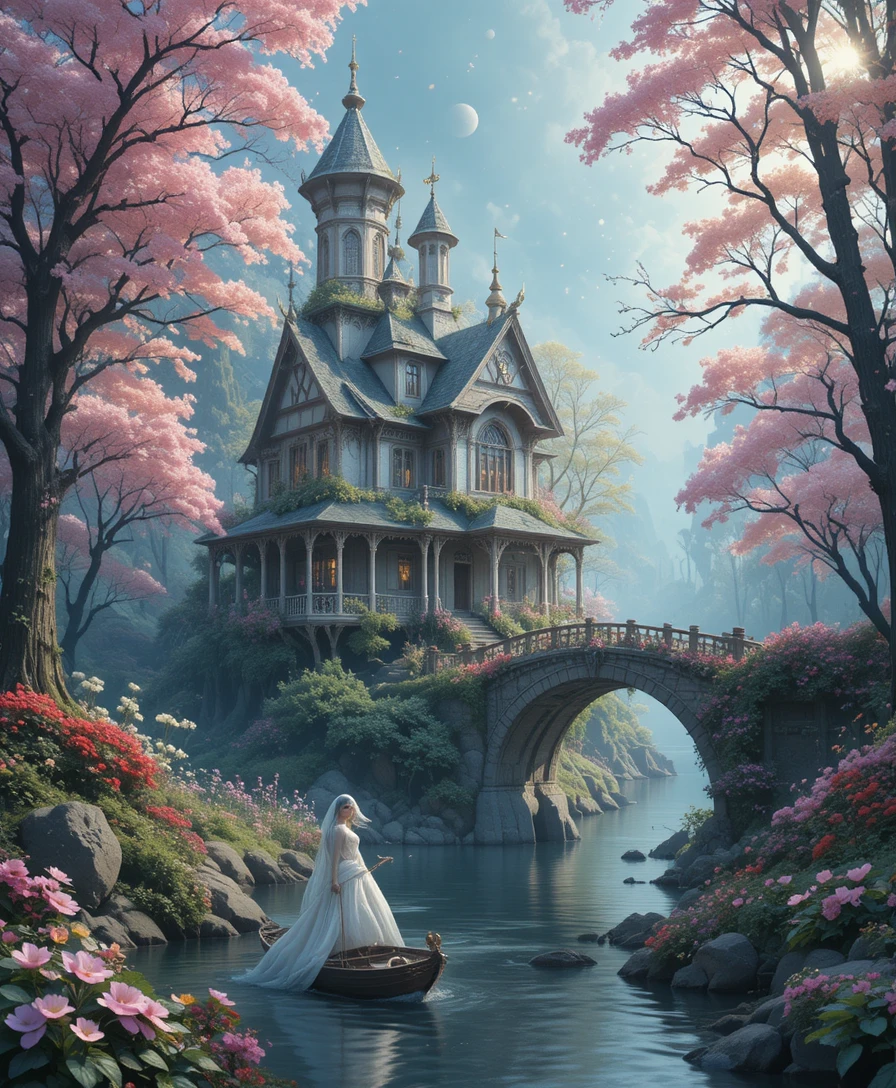 Casa de conto de fadas na beira de uma floresta de primavera
