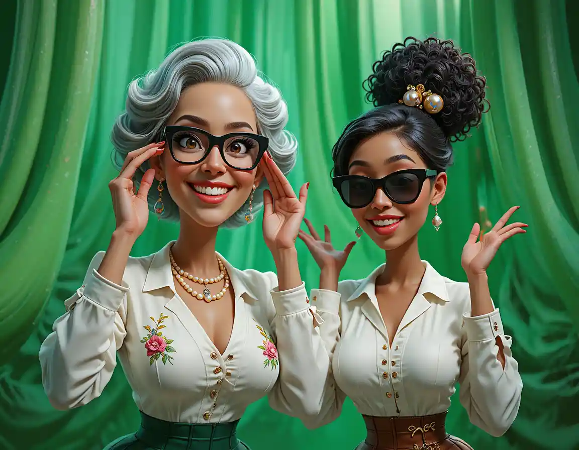 Playful older scientist puppet posing with younger colleague