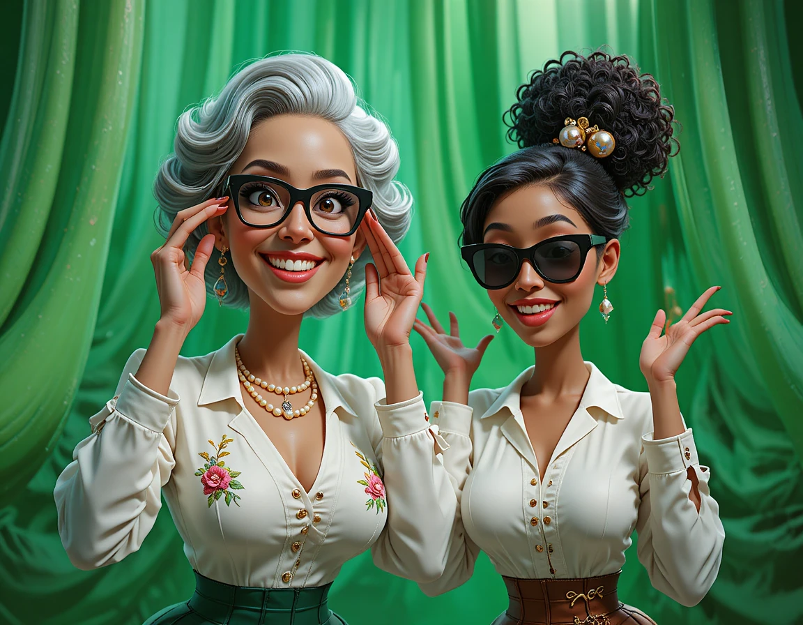 Playful older scientist puppet posing with younger colleague