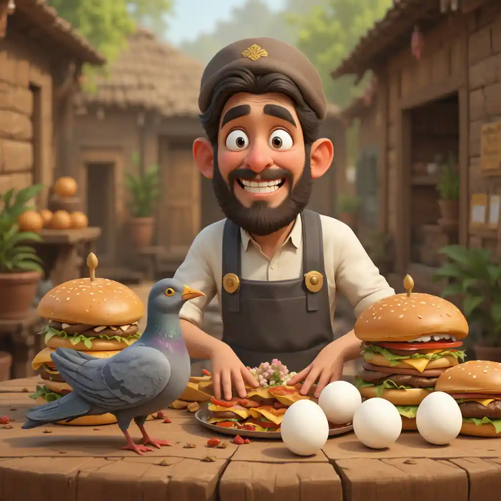 Greedy farmer with eggs and burgers in a village scene