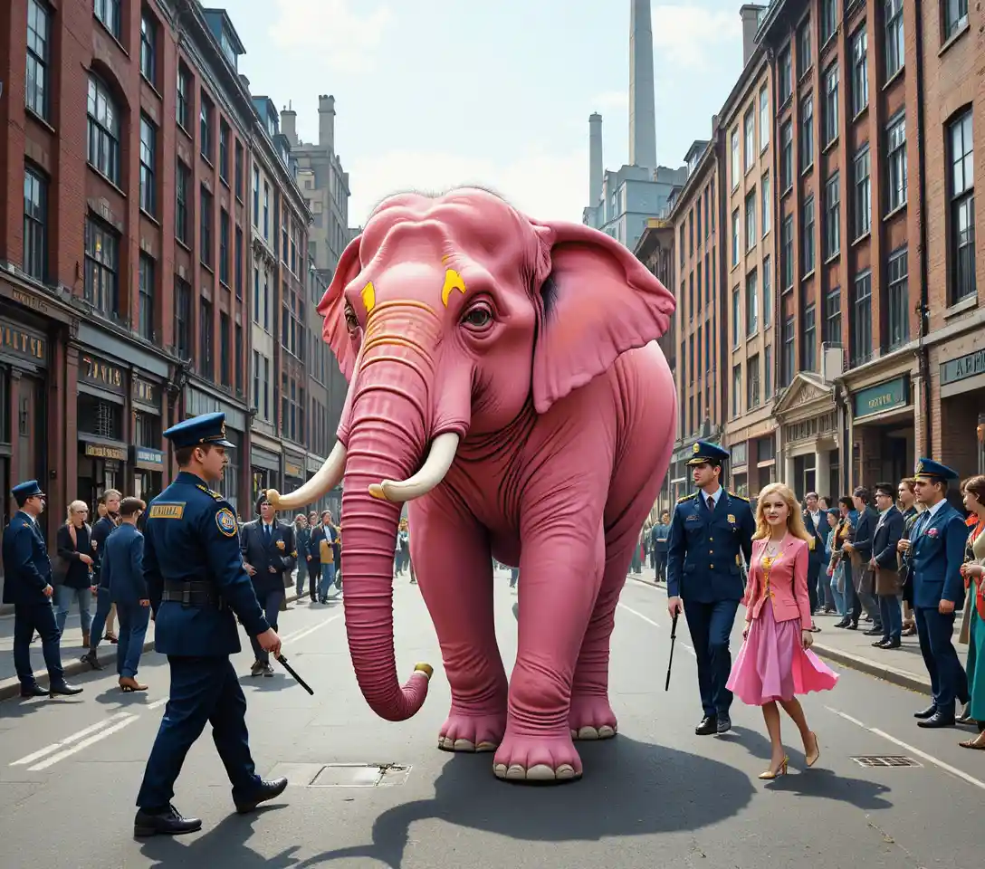 Éléphant rose marchant le long d’une rue urbaine animée