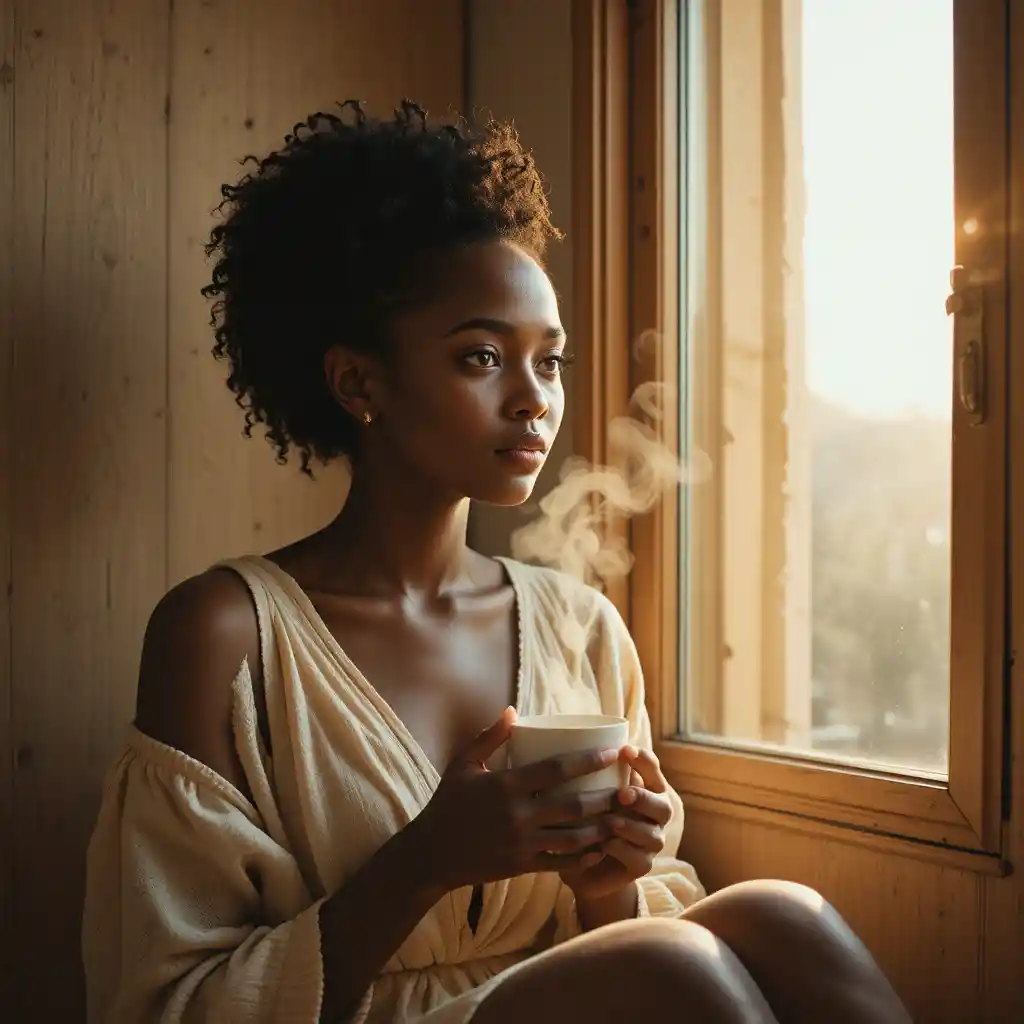 Giovane donna africana accanto a una finestra illuminata dal sole con caffè