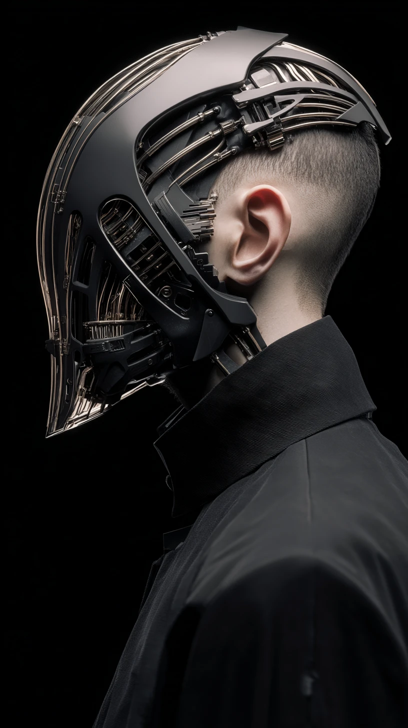 Cyberpunk-Mann mit Maske im Profil mit futurischem Exoskelett