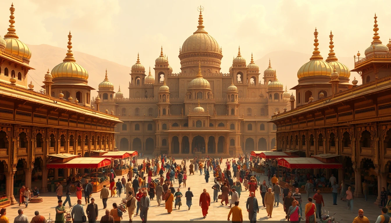 Ancienne cité-palais indienne sous une lumière solaire chaude et paisible