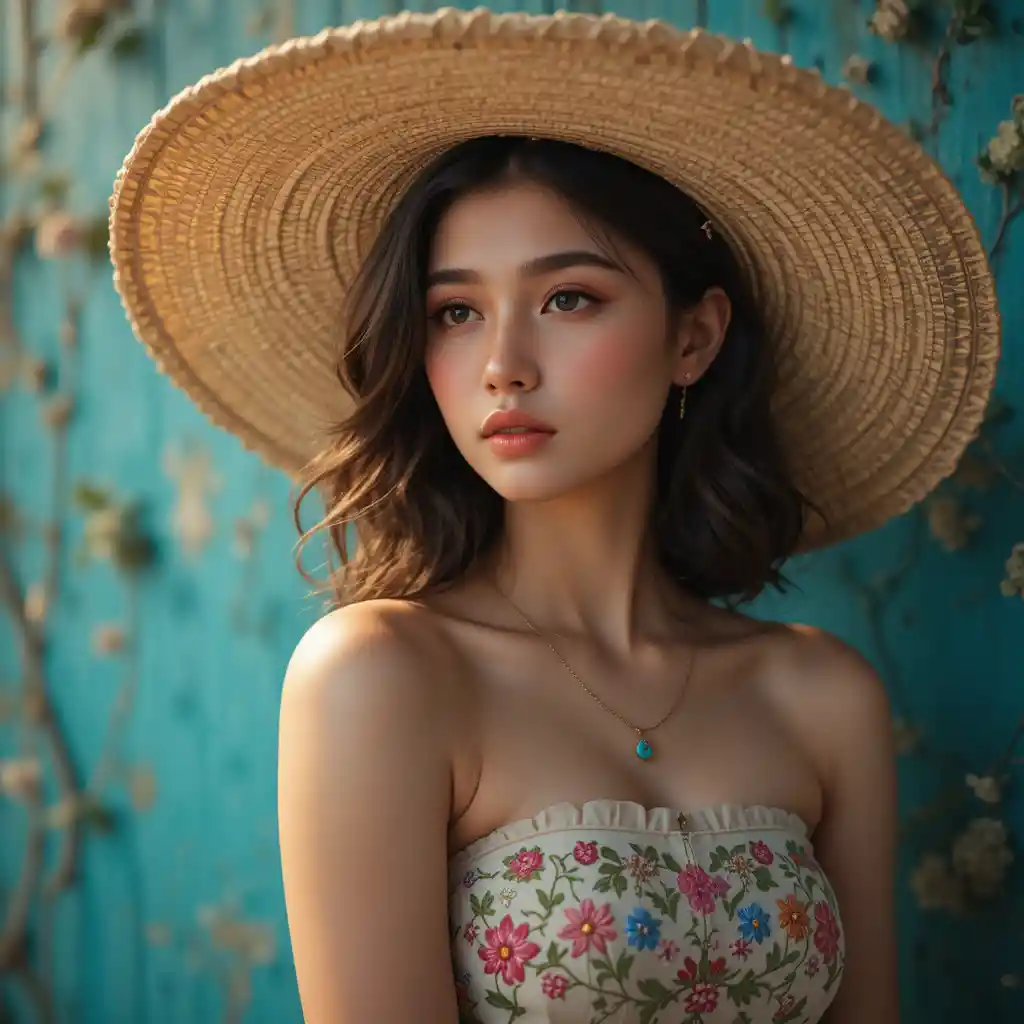 Young woman in straw hat against teal textured wall