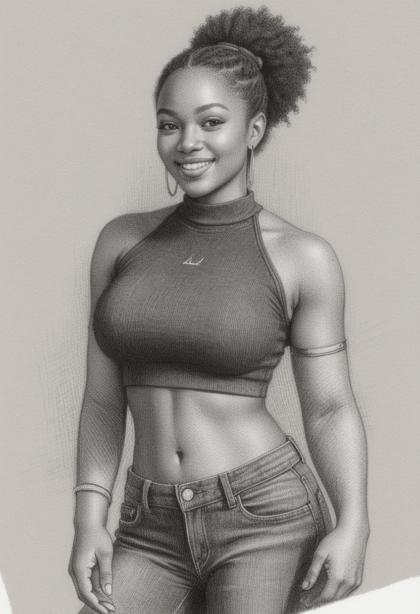 Graphite portrait of smiling black woman in casual outfit