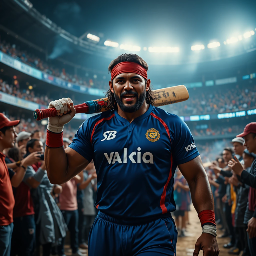 Athlète musclé entrant dans un stade de cricket avec une batte sur l’épaule