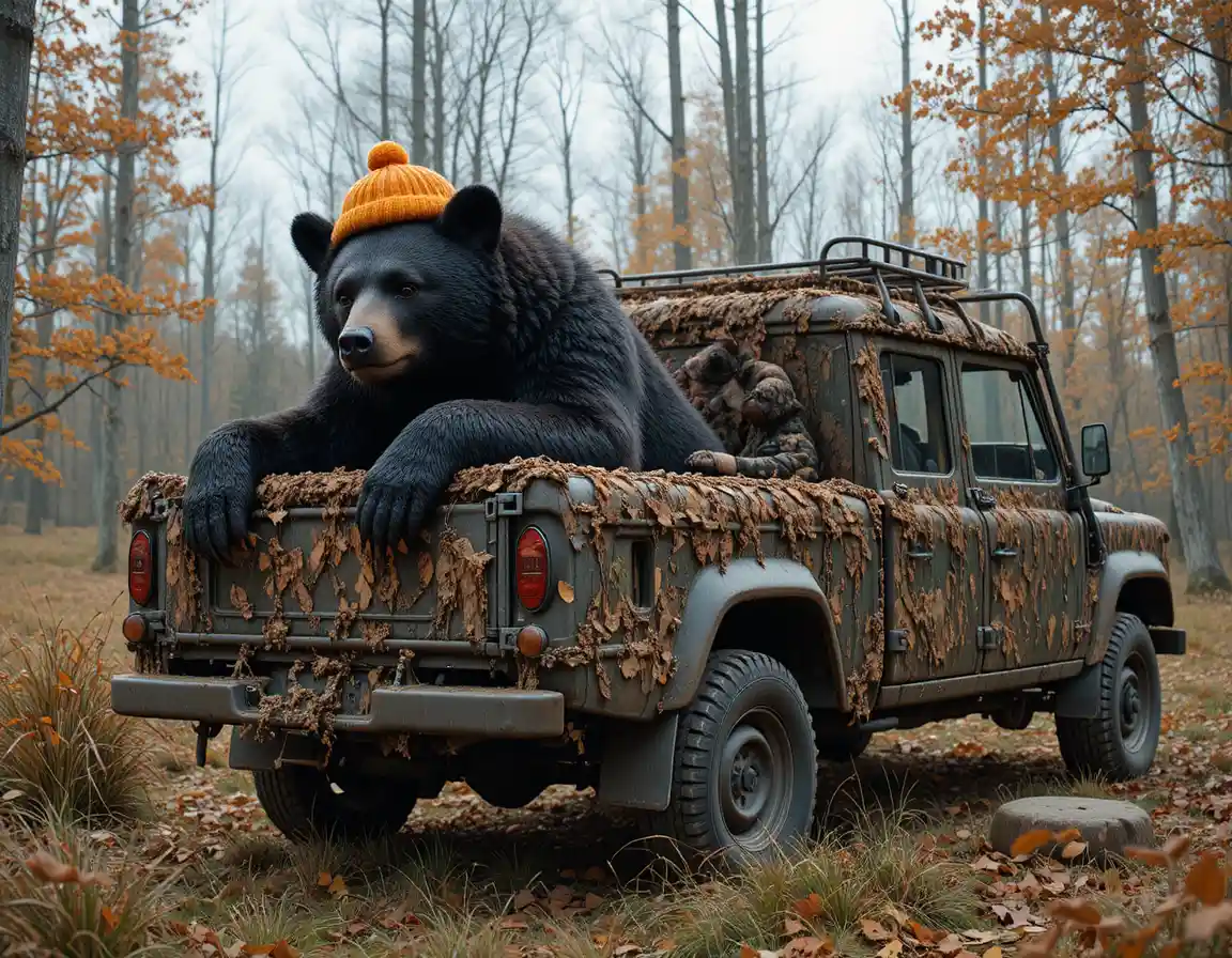 Jäger mit Schwarzbär auf Tarntruck im herbstlichen Wald