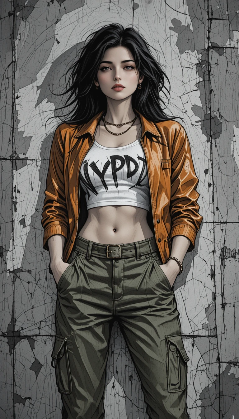 Confident young woman in urban streetwear against concrete wall