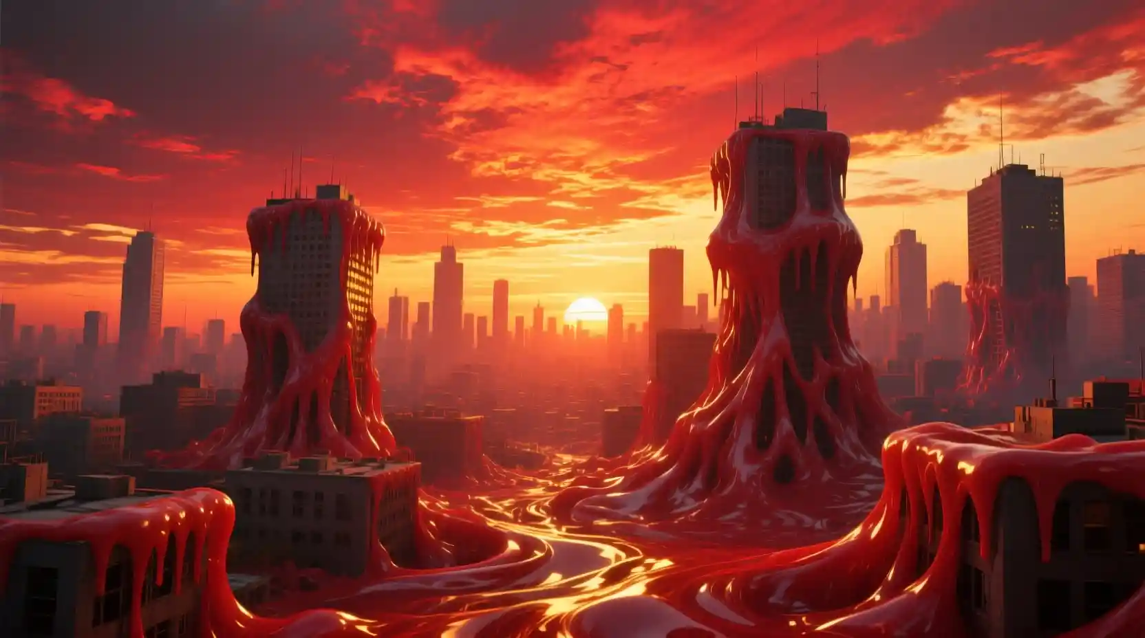 Paysage urbain surréaliste en train de fondre sous un coucher de soleil cramoisi flamboyant