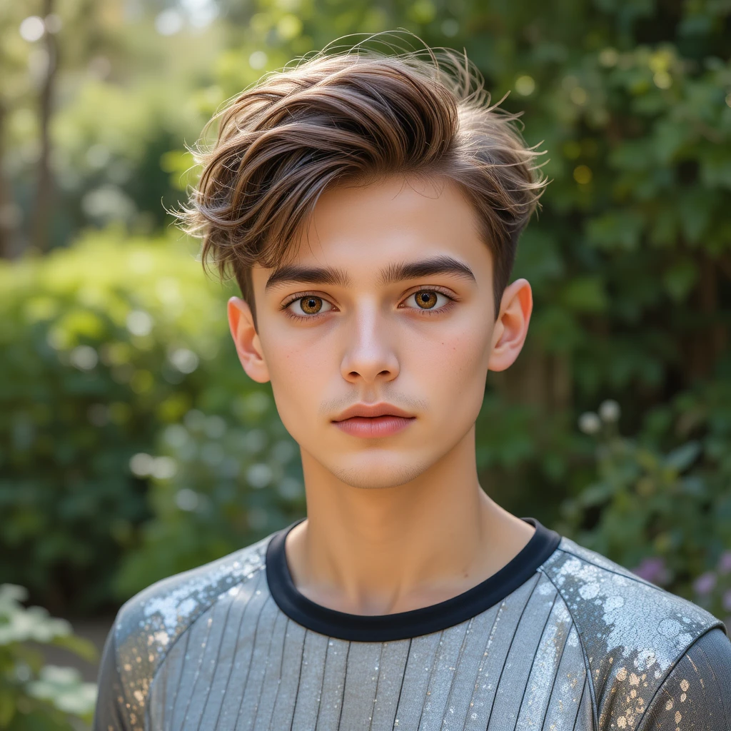 Young man in striped jeans standing in a garden
