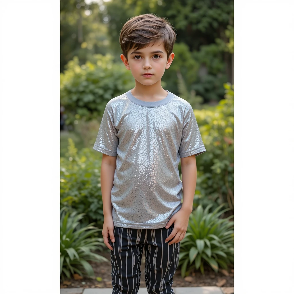 Niño en el jardín con pantalones a rayas y camiseta brillante