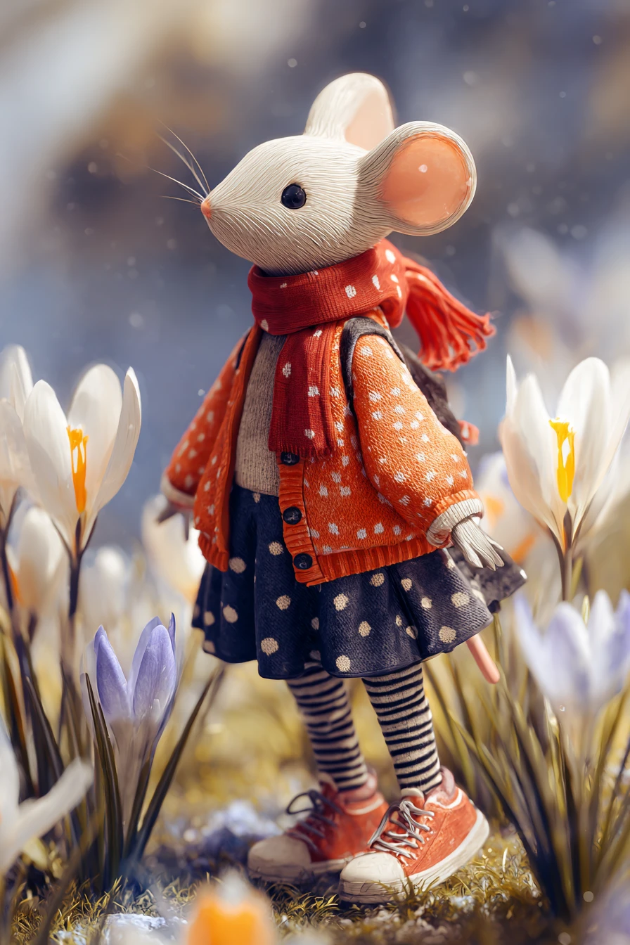 Cheerful mouse girl walking through a spring flower park