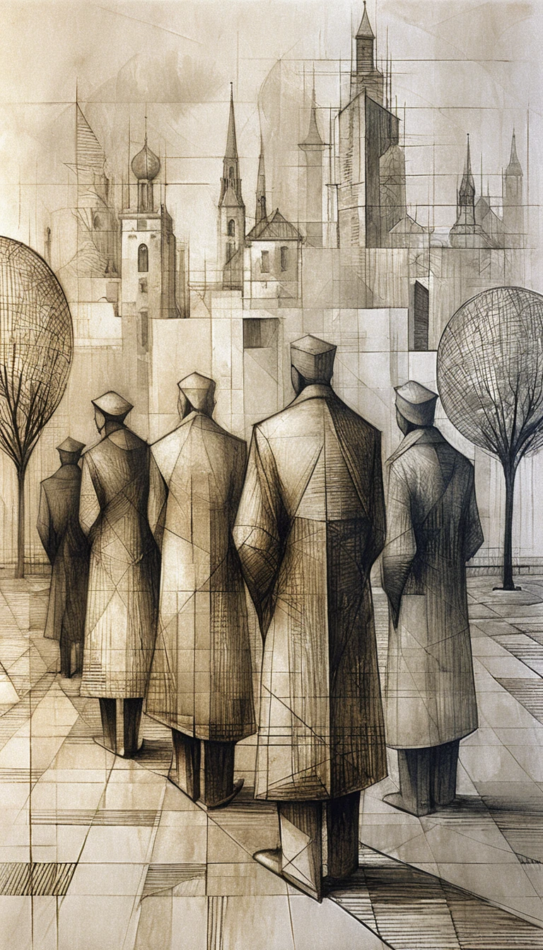 Multidão cubista em grafite diante de um horizonte urbano fragmentado