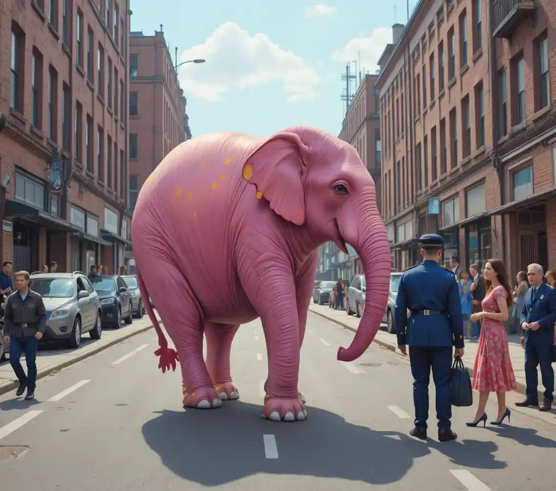 Pink elephant walking through a busy city street