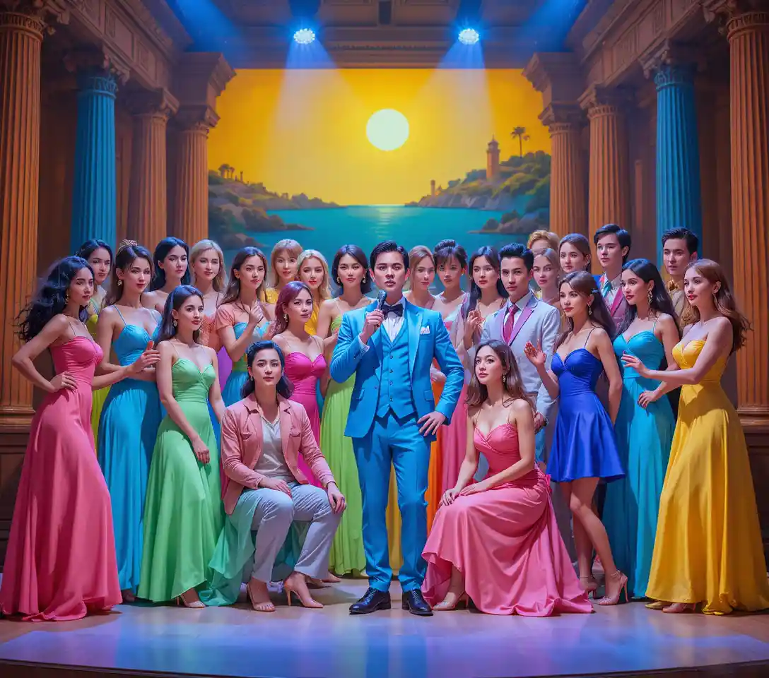 Spectacle de groupe coloré sur une scène de théâtre vivement éclairée
