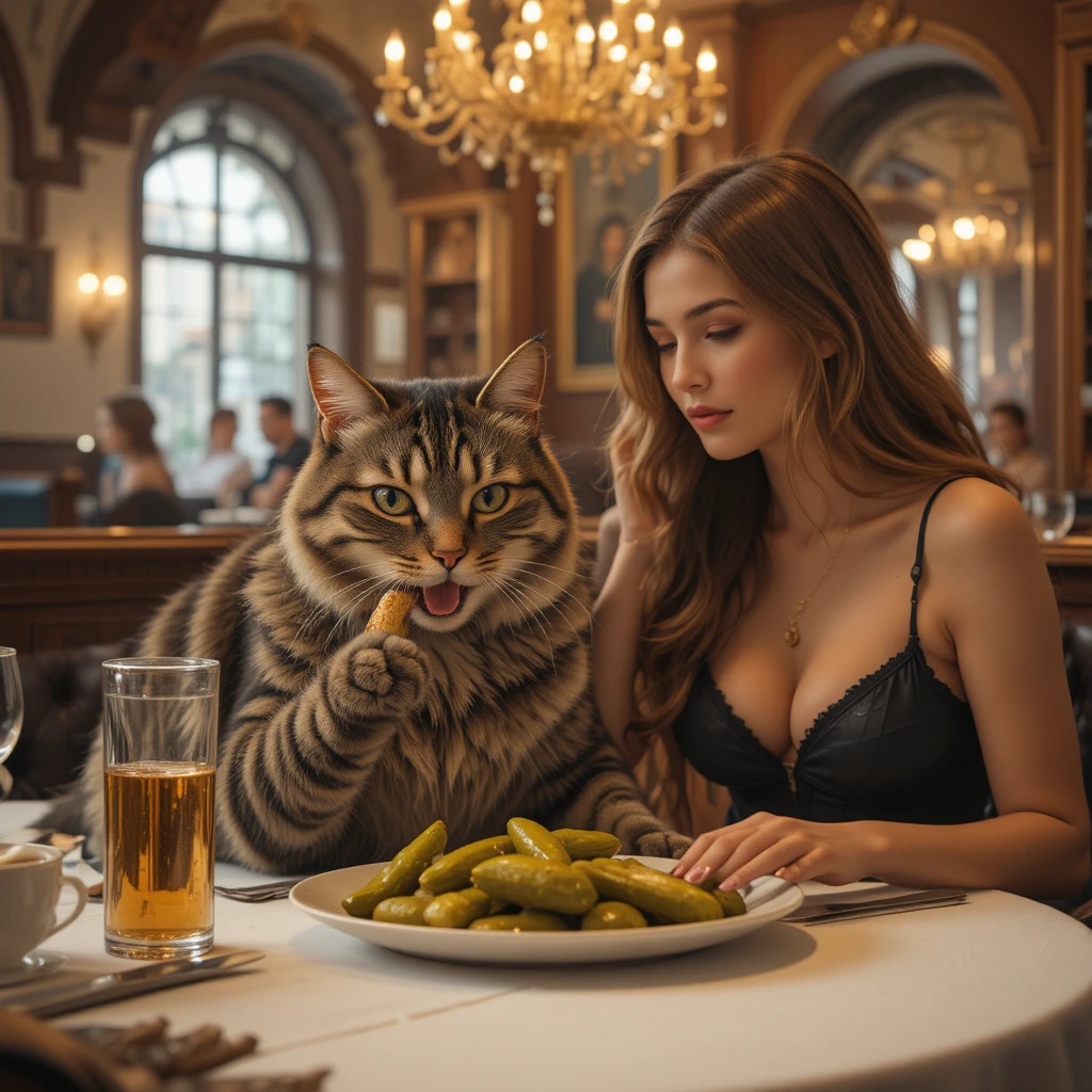 Gato comendo picles em uma mesa de restaurante chique com uma mulher