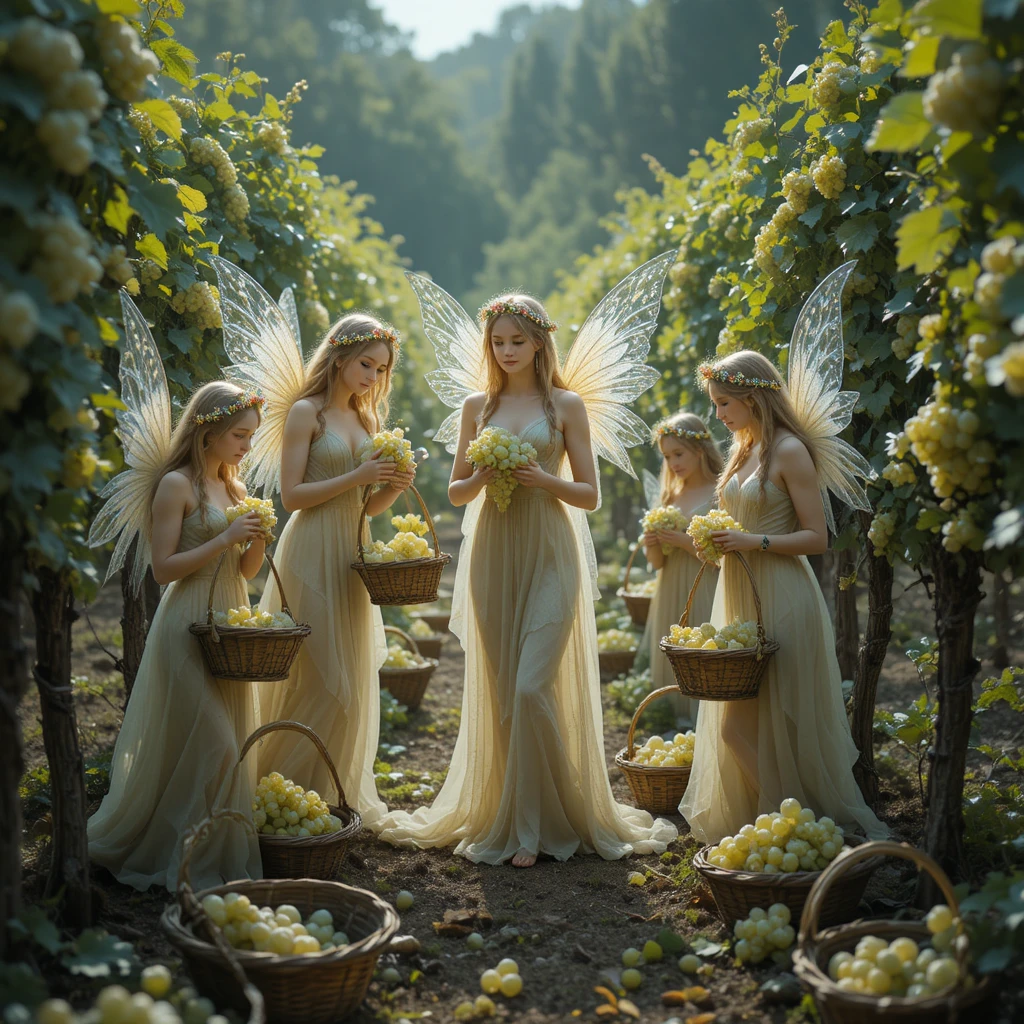 Fairies Harvesting White Grapes In A Vintage Vineyard