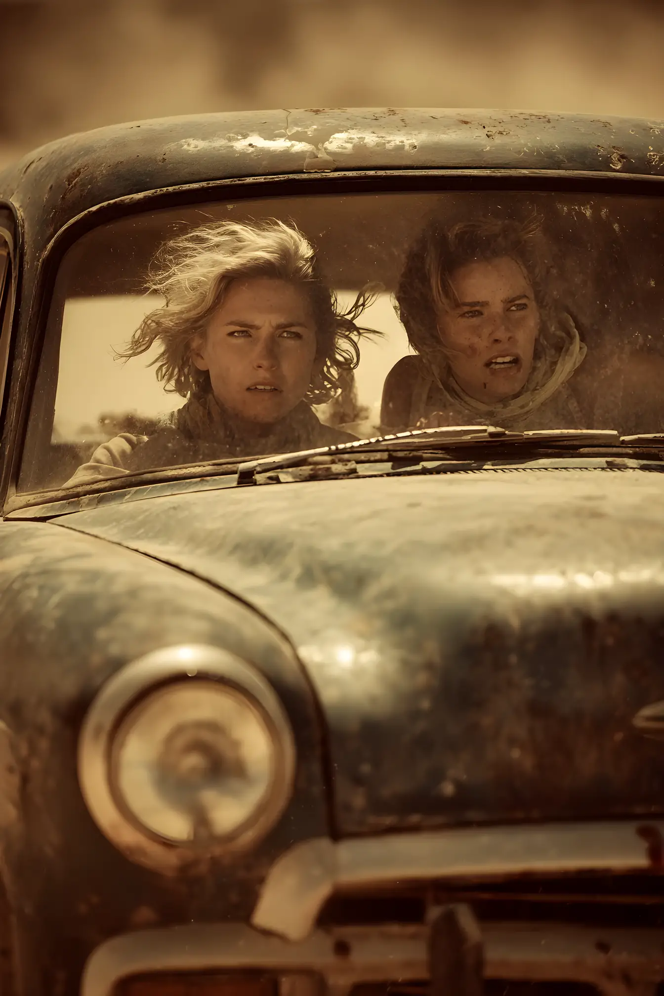 Two women speeding in a vintage car on desert road
