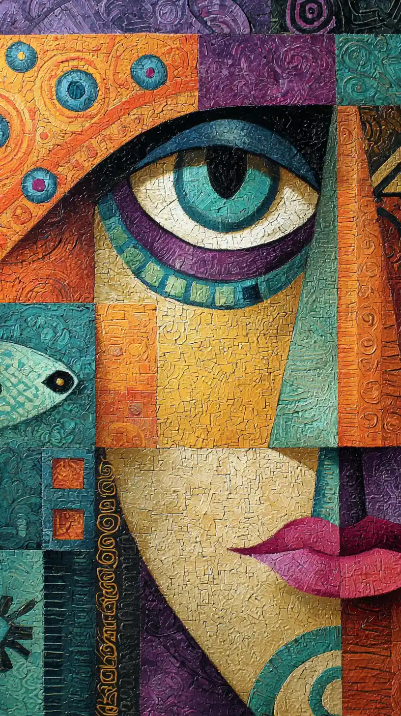 Volto cubista astratto con occhio turchese e motivi a mosaico