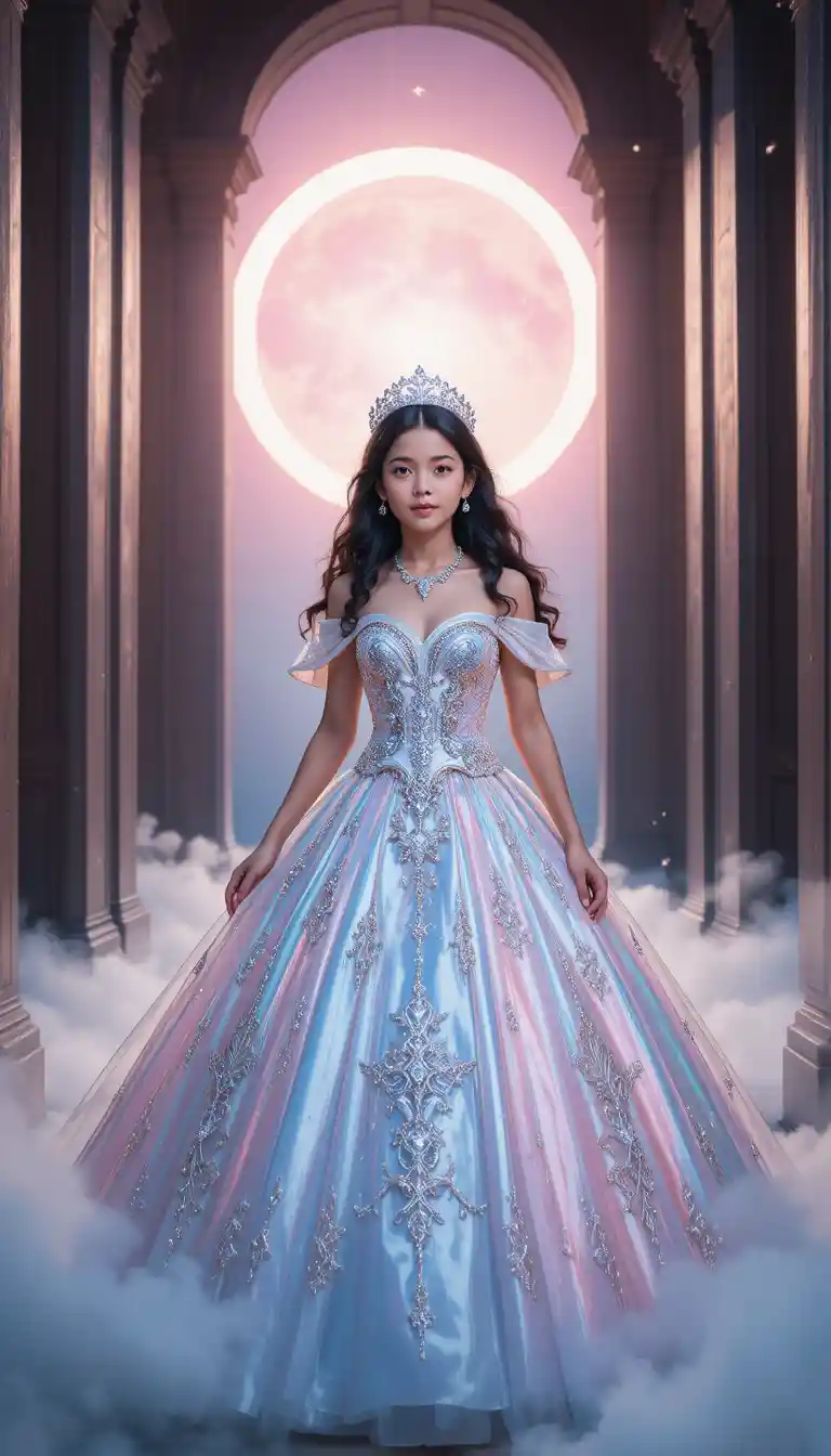 Joven princesa en un arco resplandeciente con luz celestial