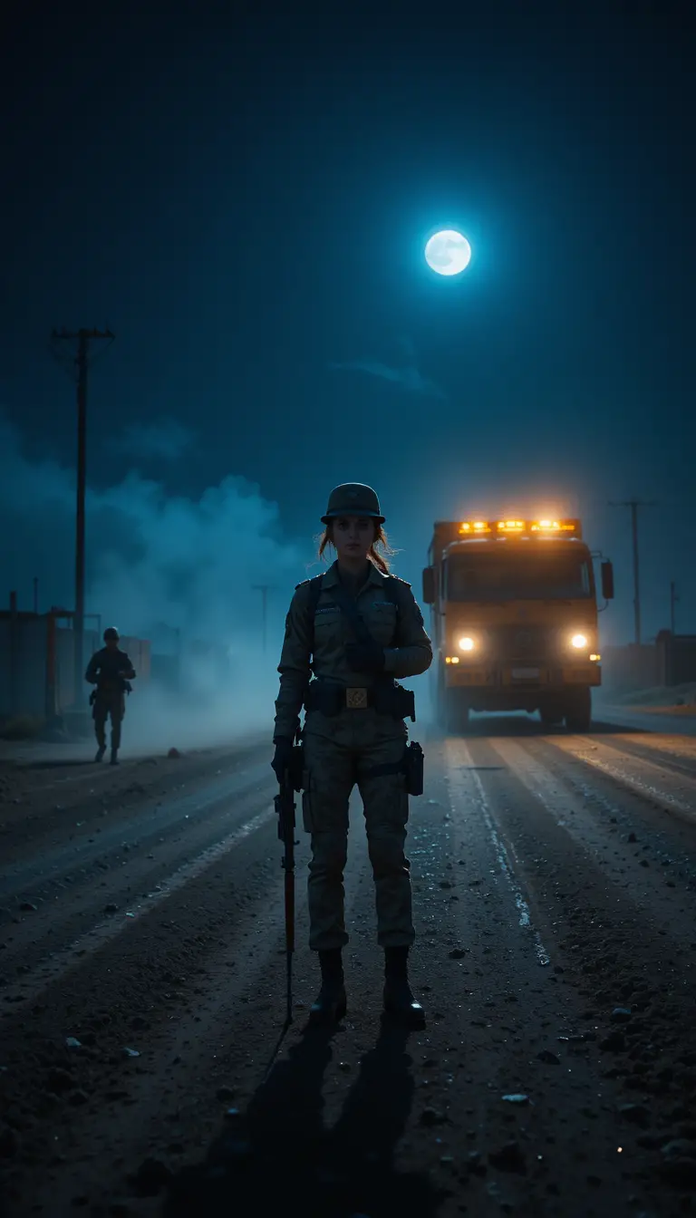 Pakistani female officer guarding a tense night border checkpoint