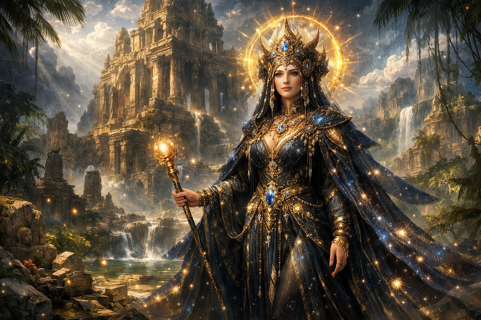 Ancient star crowned queen before a ruined temple