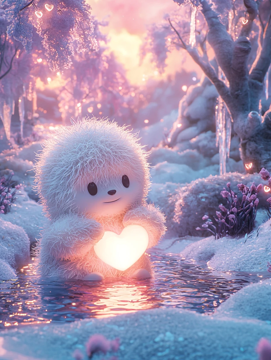 Dolce baby yeti che sguazza in una magica pozza ghiacciata