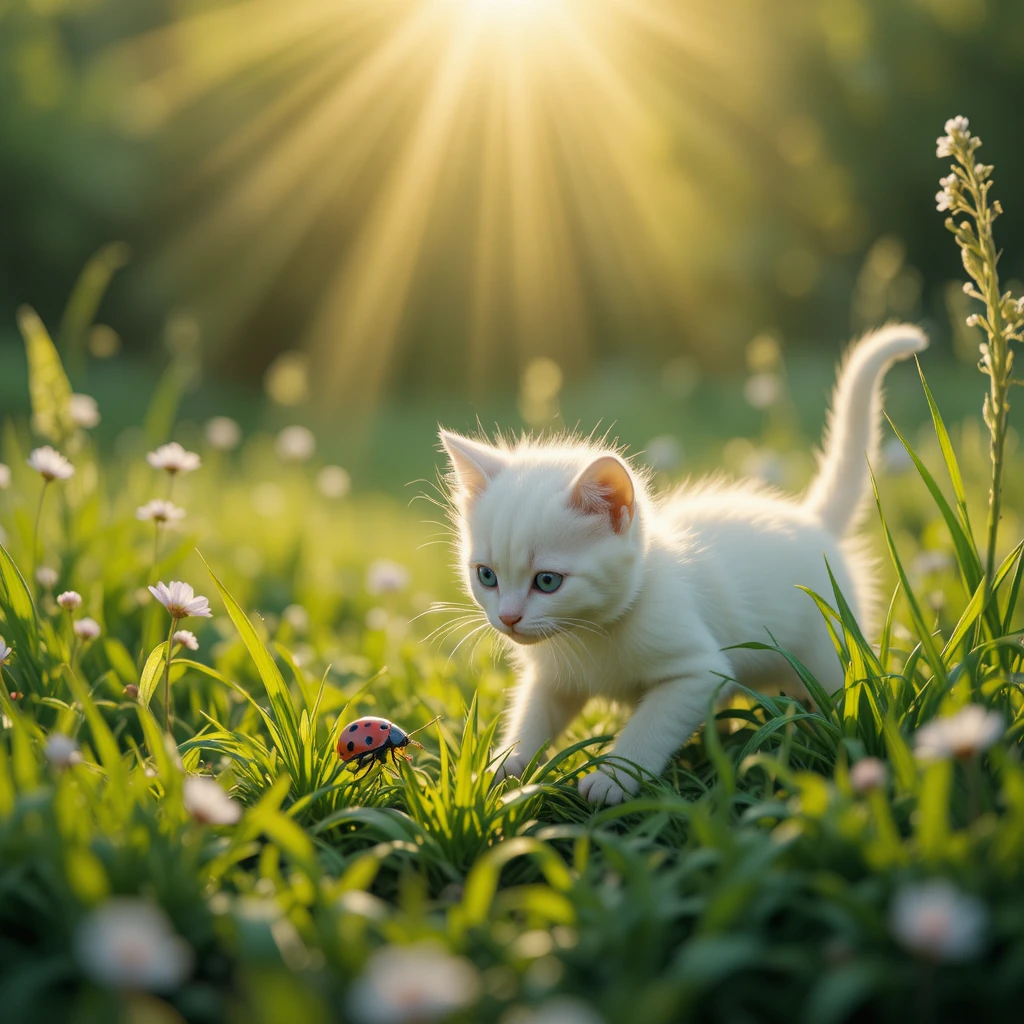Chaton blanc à l’affût d’une minuscule coccinelle rose à pois