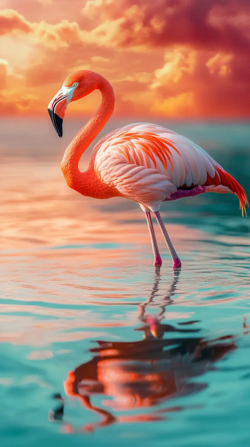 Eleganter Flamingo im leuchtend türkisfarbenen Wasser bei Sonnenuntergang