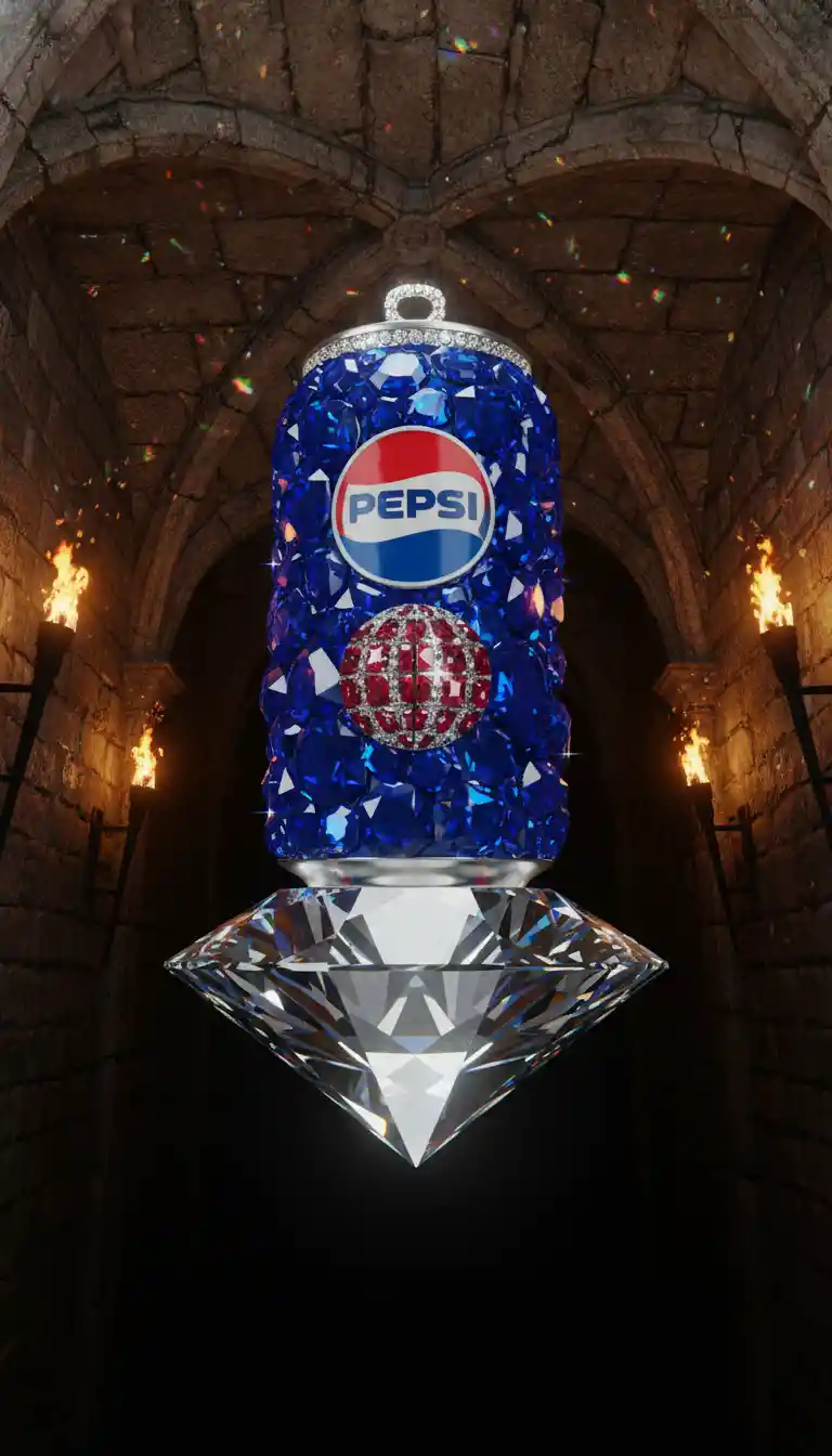 Saphirblaue Pepsi-Dose schwebt unter düsteren Steinbögen