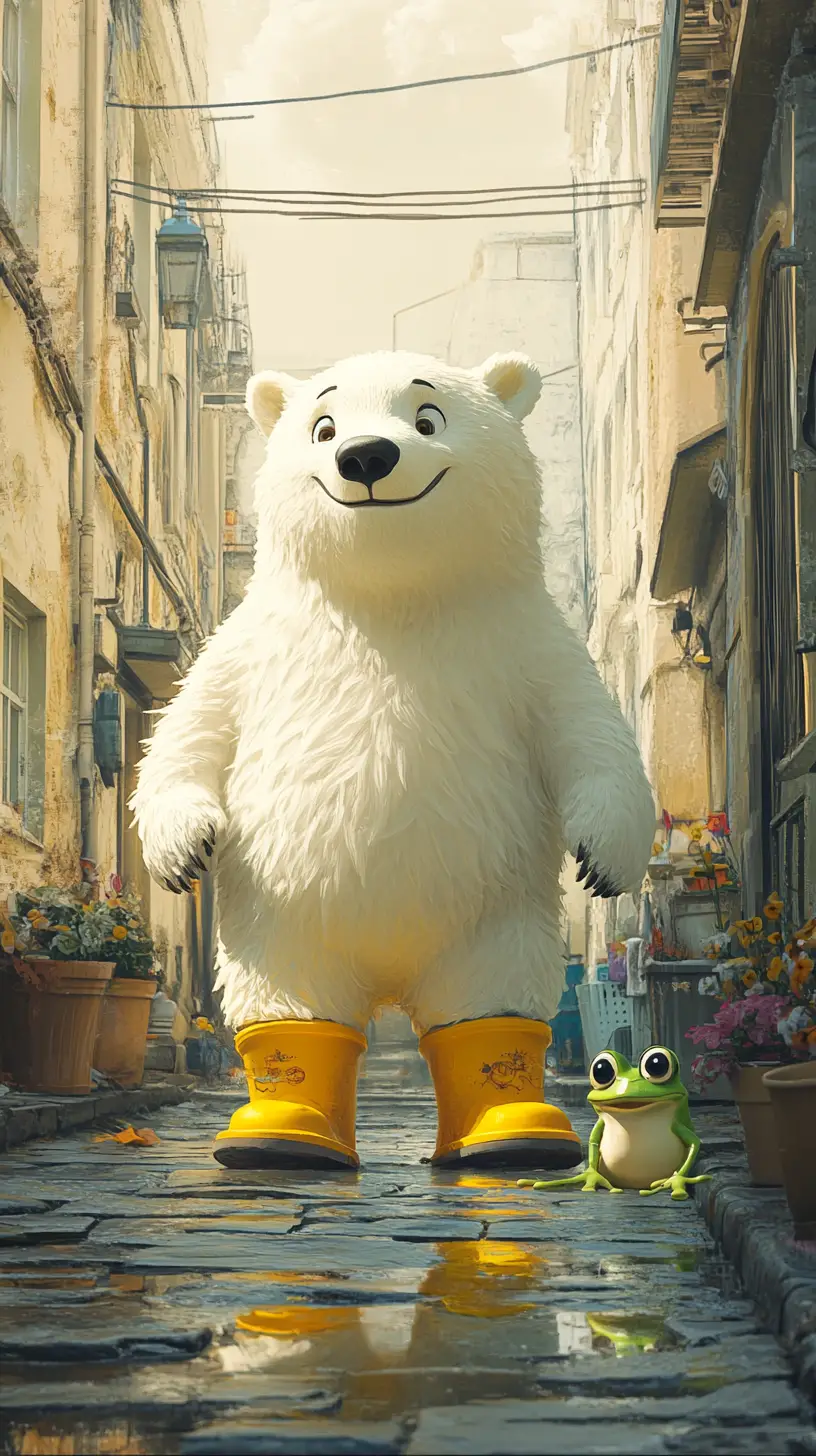 Polar bear in yellow boots on a sunny european street