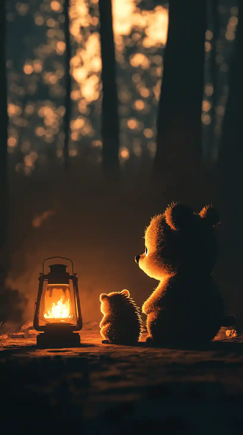 Cartoon teddy bear and hedgehog by a dark campfire