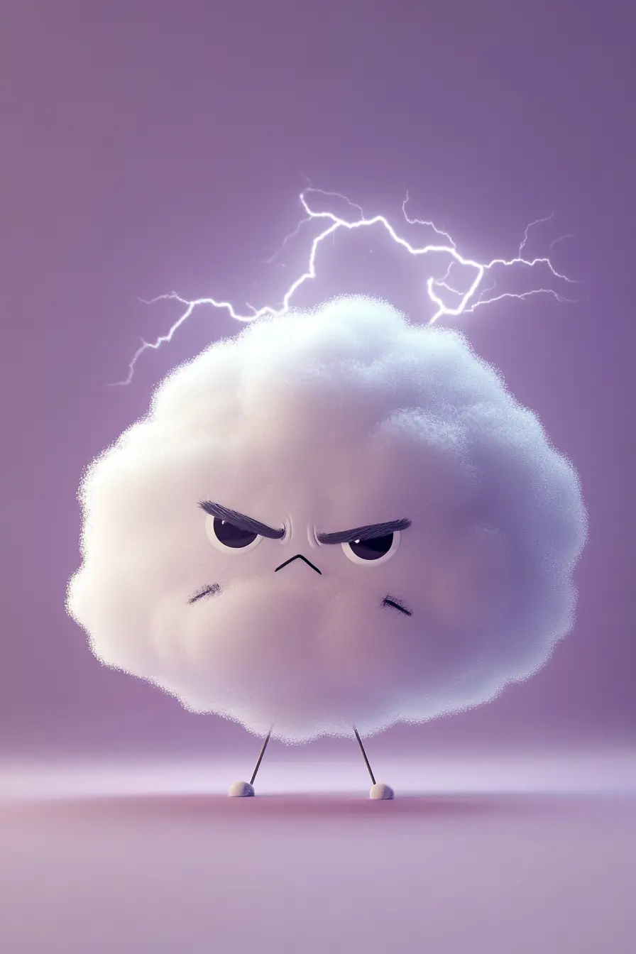 Urteilende Cartoon-Wolkensticker mit zartem Lavendelglühen