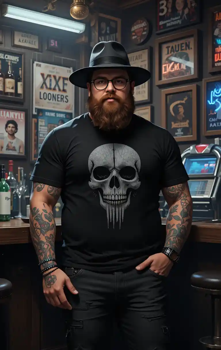 Bearded man in black fedora standing in dim barroom