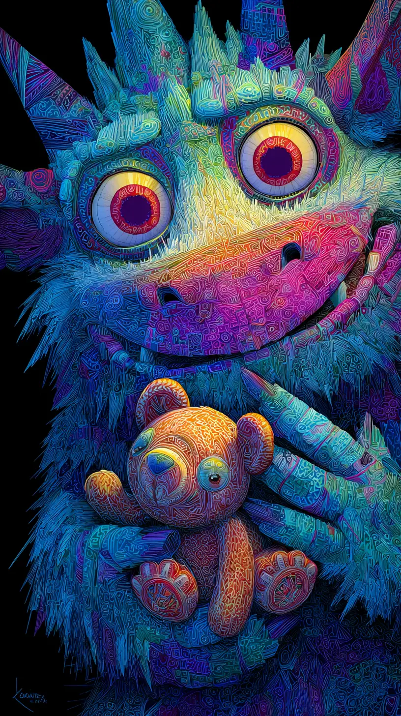 抱著相同款泰迪熊的可愛毛絨怪獸插畫