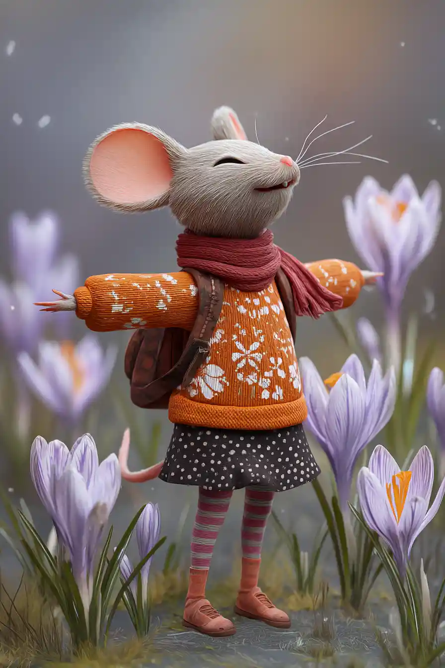 Anthropomorphes Mausmädchen, das durch einen Frühlingspark spaziert