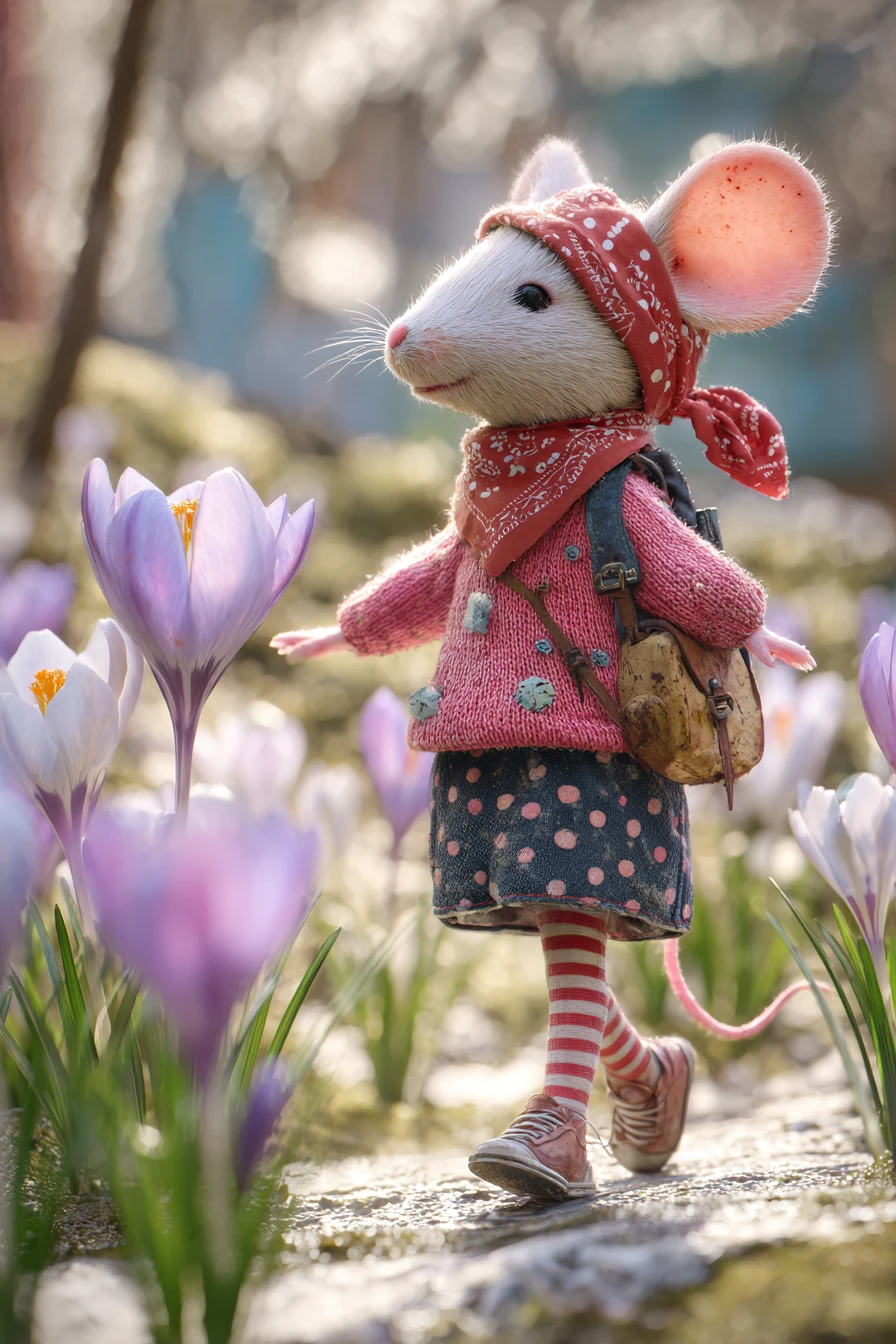 Happy anthropomorphic mouse walking through a spring park