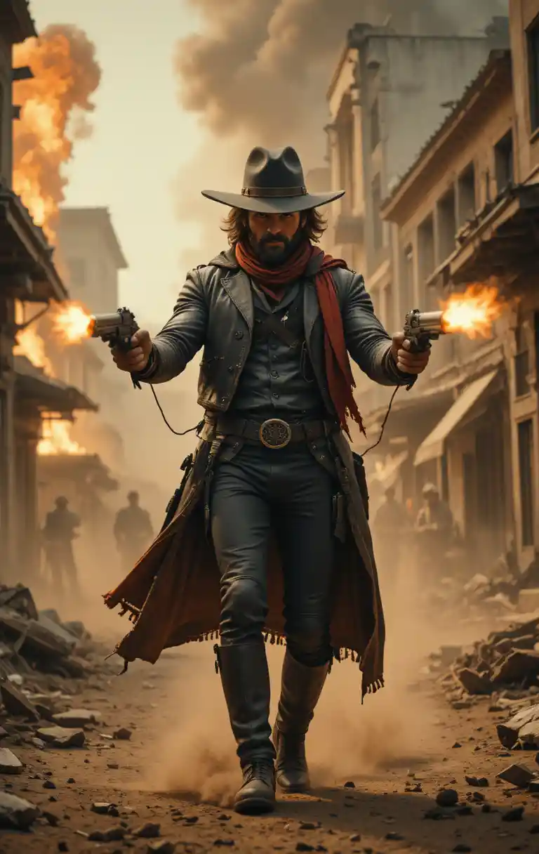 Cowboy duro che spara con due pistole in una strada in fiamme