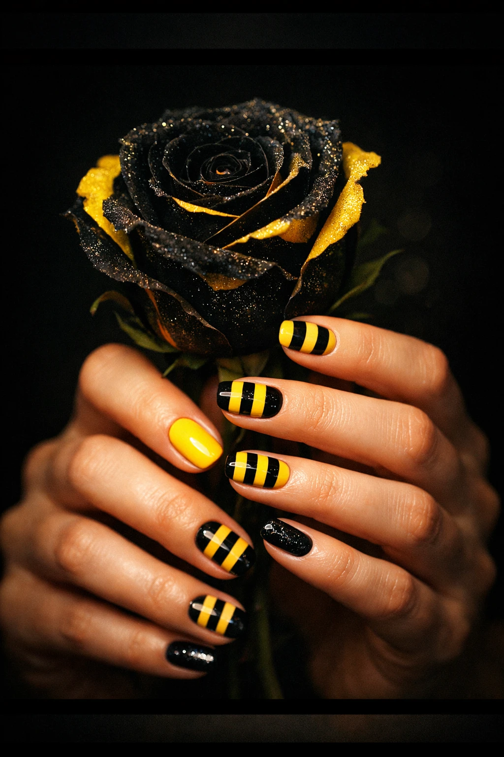 Gros plan sur des mains féminines avec nail art inspiré des abeilles
