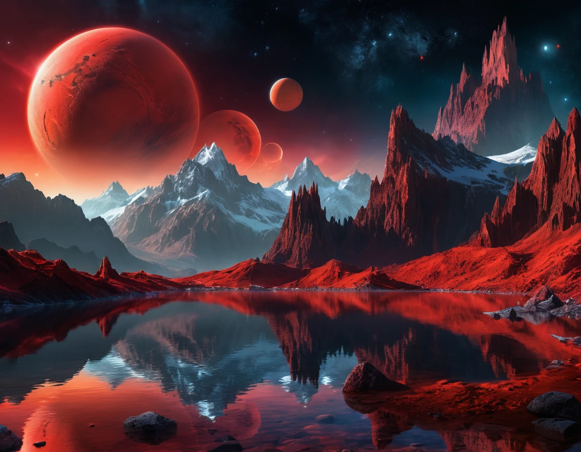 Leuchtender roter Planet über spitzen Bergen und stillem See