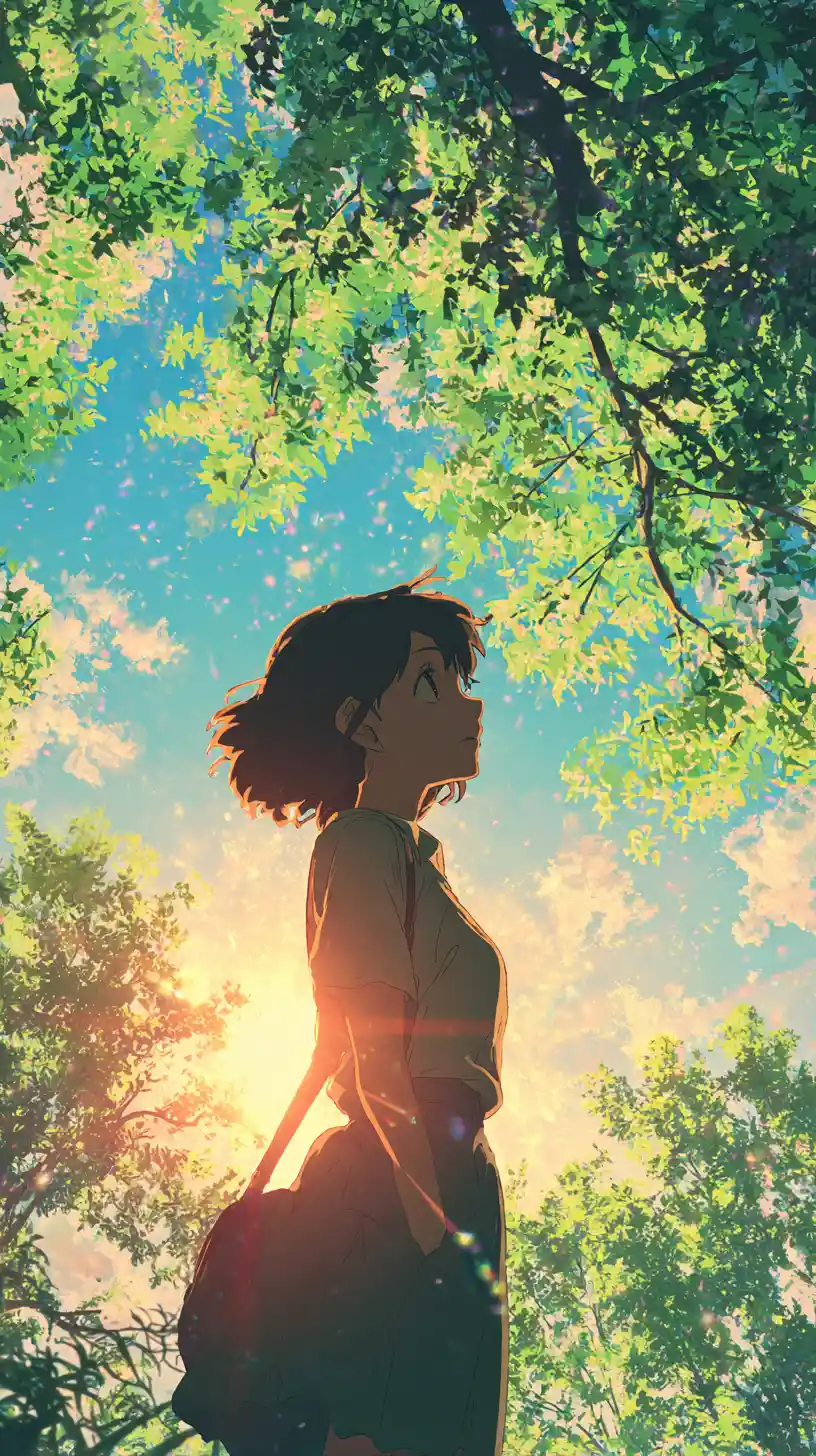Ragazza anime in piedi all'aperto nella luminosa luce primaverile