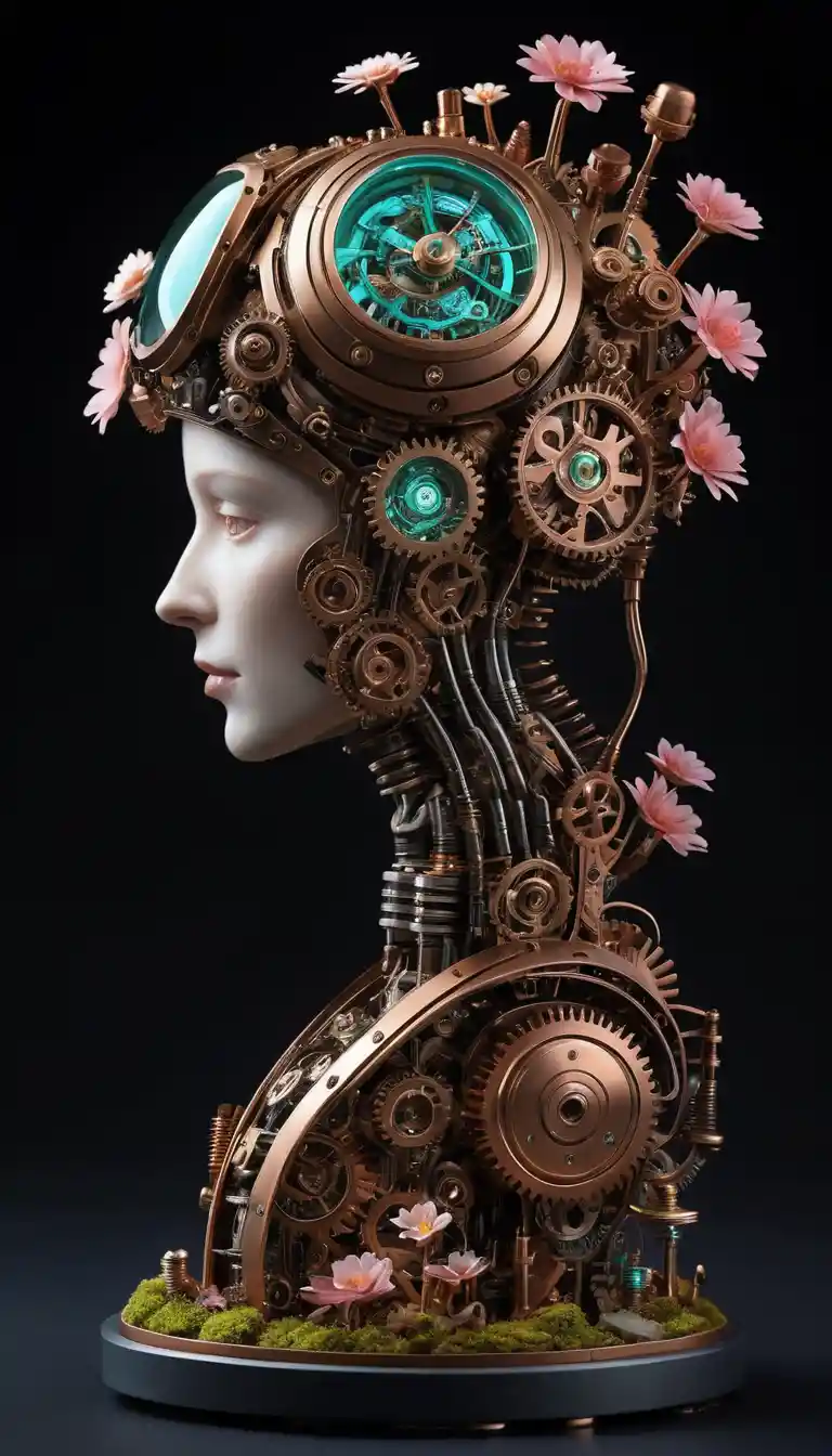 Steampunk-Roboterkopf mit einem winzigen mechanischen Garten