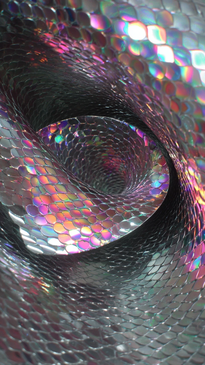 Nastro di Möbius Iridescente e Surreale con Pareti a Rete Circostanti
