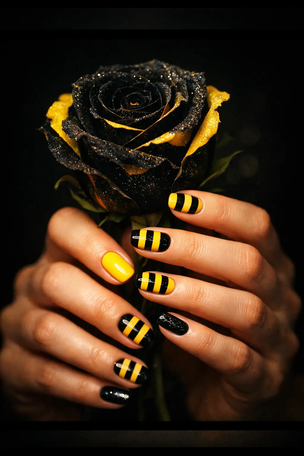Nahaufnahme weiblicher Hände mit bieneninspiriertem Nageldesign