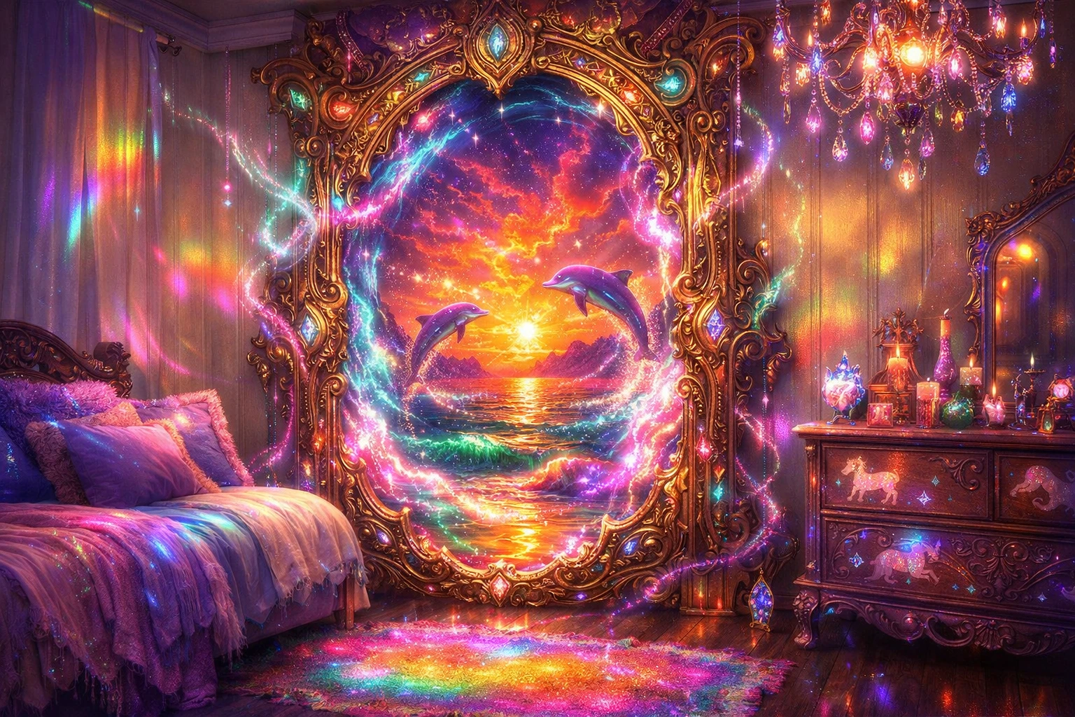 Bohemian bedroom with glowing magical portal in the closet