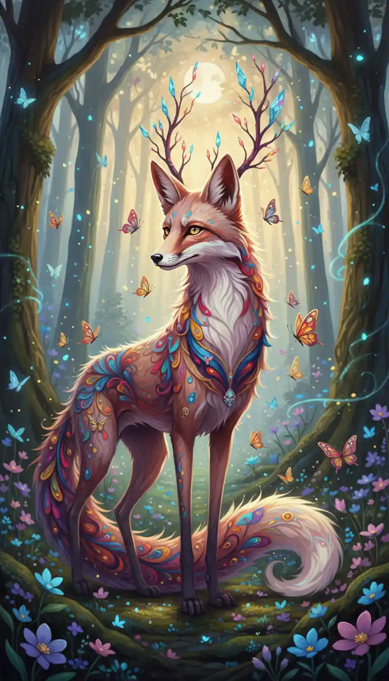 Renard rose mythique dans une forêt magique aux lucioles