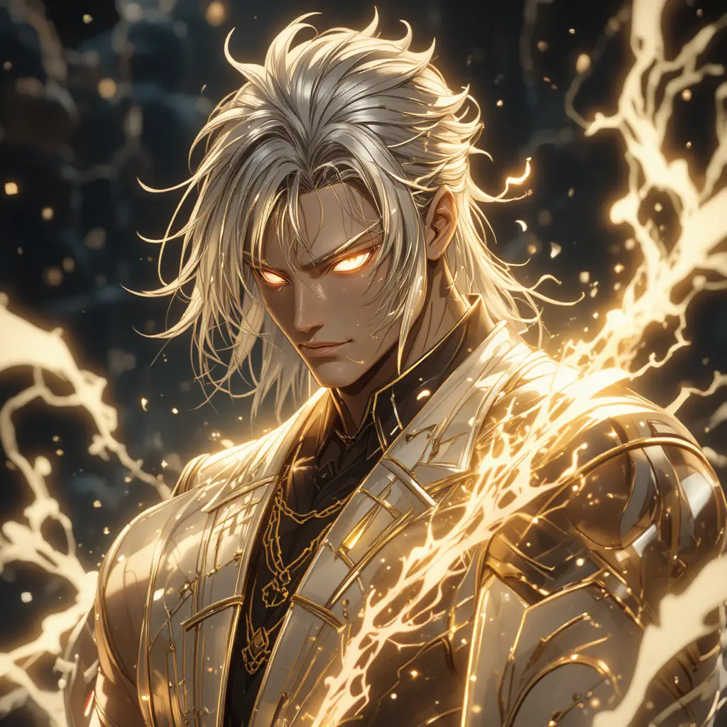 Tall anime man with silver glowing hair and golden eyes